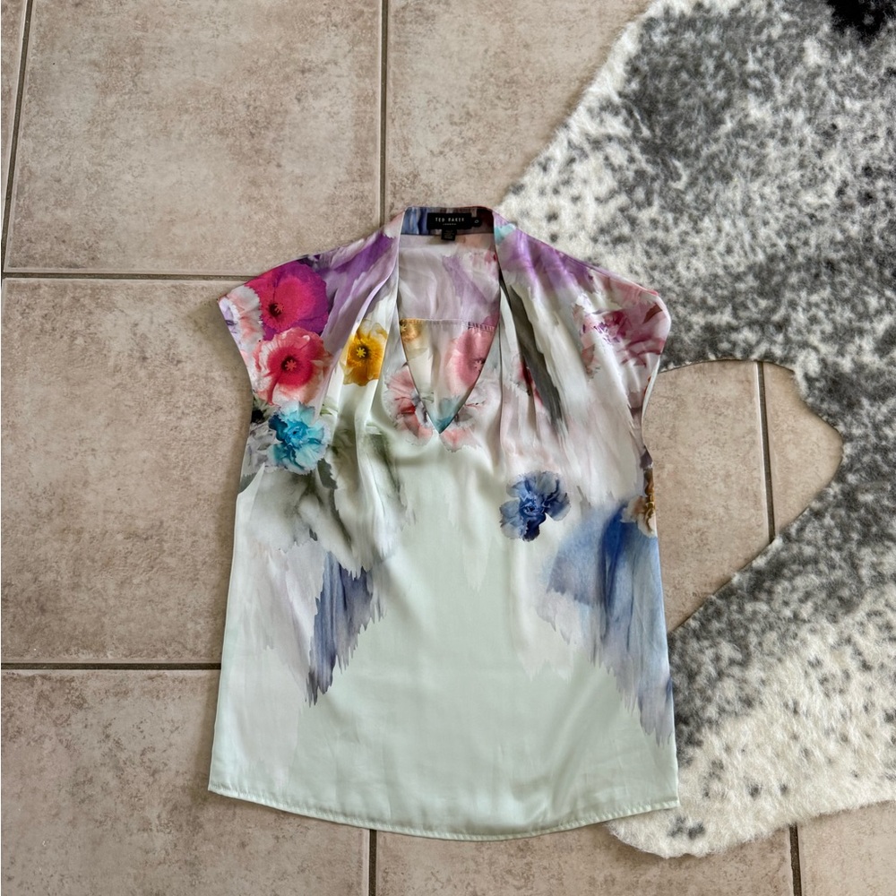 Ted Baker Floral Watercolor V-Neck Blouse in Mint, Pink, Blue